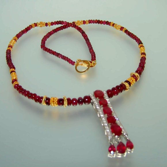 Red Ruby Gemstone Necklace Vermeil Sterling Silver - Picture 3 of 5